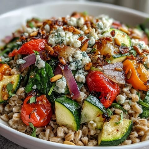 Vibrant Mediterranean Farro Pasta Bowl with colorful veggies, feta, and pine nuts served warm.