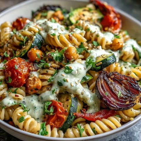 Ein farbenfroher Chickpea Pasta Bowl mit gerösteten Gemüsestücken und cremiger Tahini-Sauce, garniert mit frischer Petersilie.