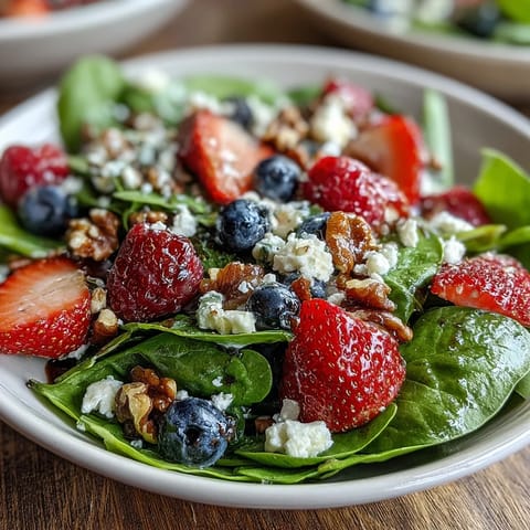 Der Spinat-Beeren-Salat mit saftigen Beeren und Honig-Senf-Vinaigrette glänzt im Sonnenlicht.