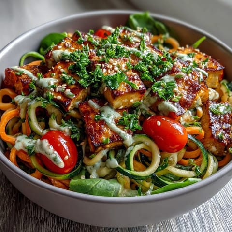 Hearty Spiralized Vegetable Bowl featuring tender sweet potato noodles and spinach, topped with tofu and a lemony tahini dressing.