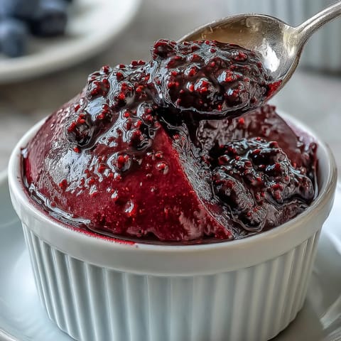 Glanzvolle Black Currant Panna Cotta mit leuchtender Beeren-Glasur und sahniger Vanilletextur für elegante Dessertteller.