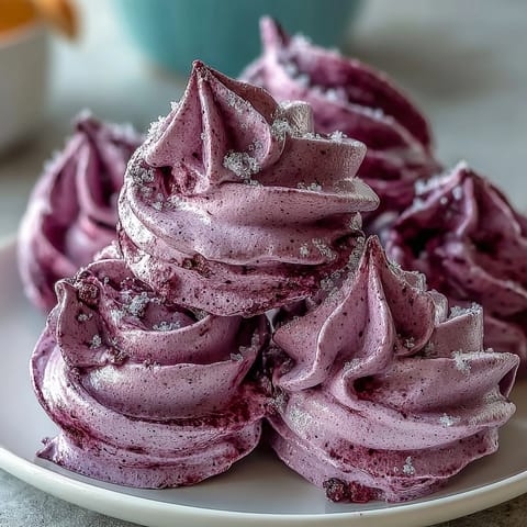 Black Currant Meringues als luftige, süße Leckerei mit fruchtiger Färbung und perfekter Bissfestigkeit für Dessert-Liebhaber.