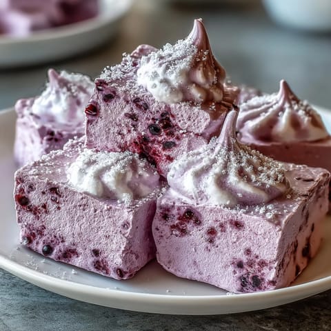 Lavendelfarbene Black Currant Marshmallows, weich und flaumig, bestäubt mit Zucker für eine perfekte Süße.