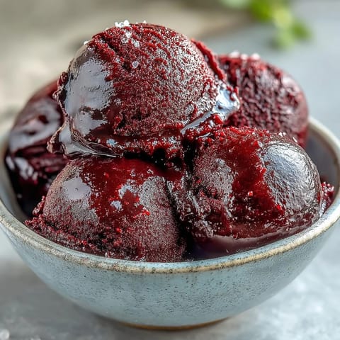 Leicht schmelzende Black Currant Sorbet Kugeln auf einer kalten Metallschale, perfekt für heiße Sommerabende.