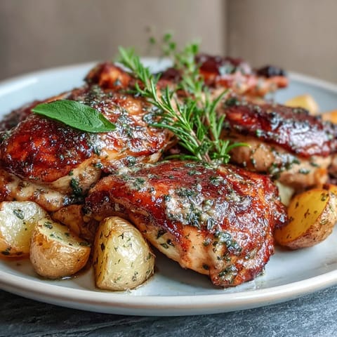 Zitroniger Kräuter-Roathähnchen mit Baby-Kartoffeln, goldbraun geröstet und mit frischen Kräutern garniert.