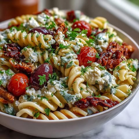 Ein farbenfroher griechischer Nudelsalat mit Feta und Oliven, perfekt für Picknicks und Sommerfeste.