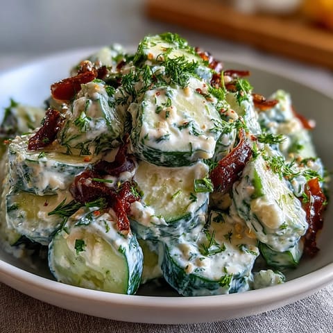 Frische Gurkensalat mit Dill und griechischem Joghurt, cremige Joghurt-Dill-Sauce, erfrischende Sommerbeilage mit knackigen Gurken und Dill.