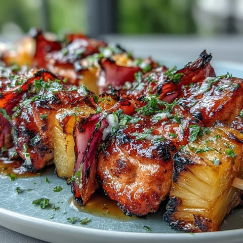 Hier sind drei einzigartige, SEO-optimierte ALT-Texte für das Rezeptfoto "Grilled Pineapple Chicken Skewers":
