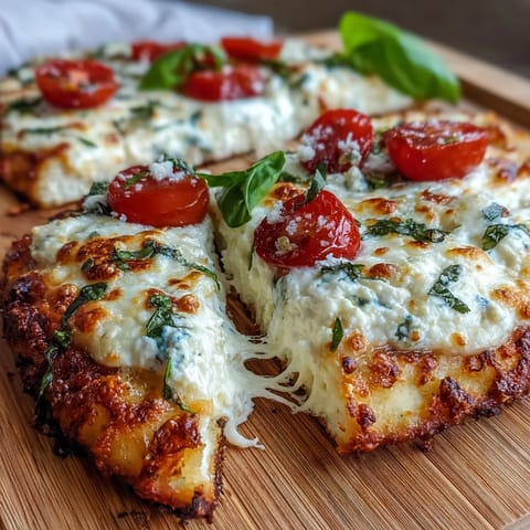 Käsige Kotelettkäse-Fladenbrotpizza mit geschmolzenem Mozzarella serviert.