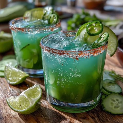 Ein belebender Pickle Margarita Mocktail mit feurigem Jalapeño-Rand.