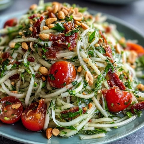Knackiger Thai Papaya Salat mit Erdnüssen und Limette – erfrischend und würzig.