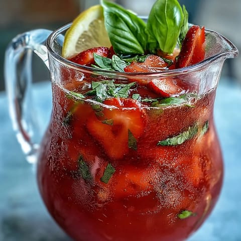 {Klassisch zubereiteter Erdbeer-Basilikum-Limonade-Krug mit frischen Erdbeeren}
