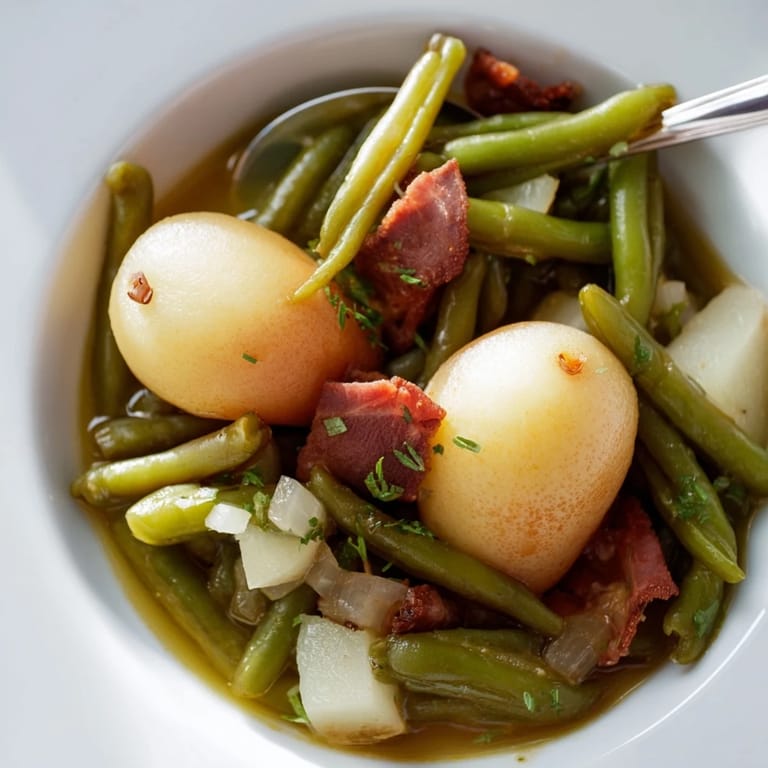 Herzhaftes Rezept aus Norddeutschland mit süßen Birnen, Bohnen und rauchigem Speck.  