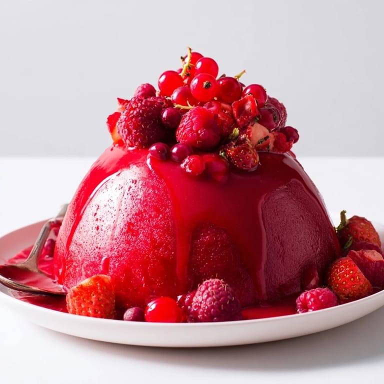 Lebendiger roter-Beeren-Pudding, perfekt für heiße Sommertage mit Früchten garniert.