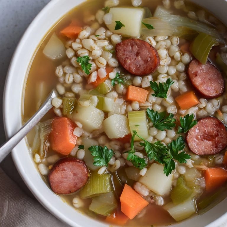 Dampfen Sie aromatische deutsche Gerstensuppe, gefüllt mit köstlichen Wurzeln und Würstchen.
