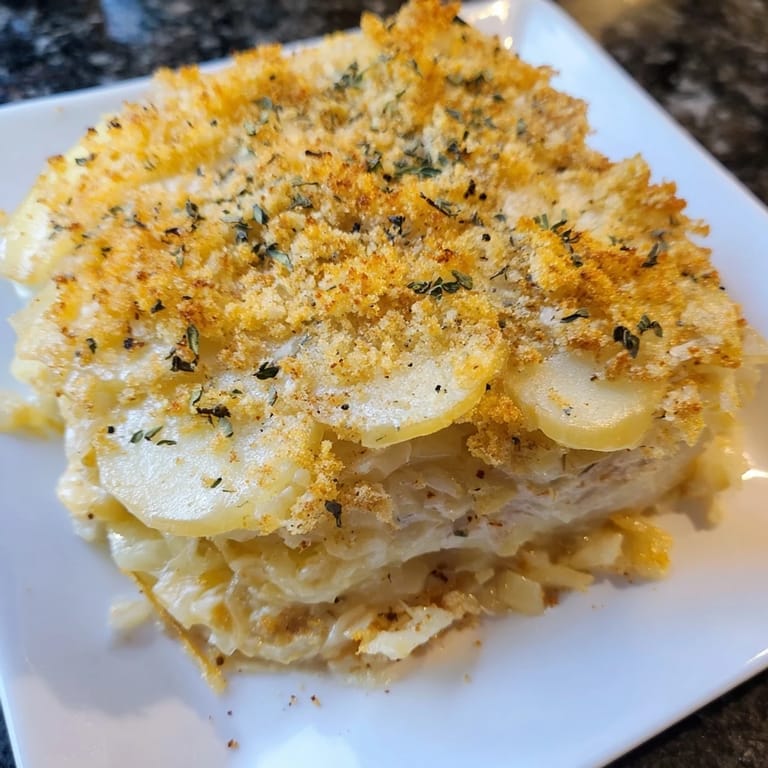 A close-up of a flavorful Effortless Sauerkraut Casserole with layers of potatoes and cheese.