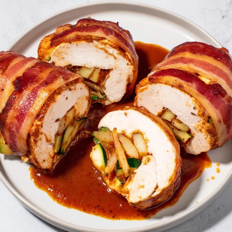 Savory Quick Chicken Rouladen Rolls, filled with bacon and pickles, simmering in a flavorful sauce.
