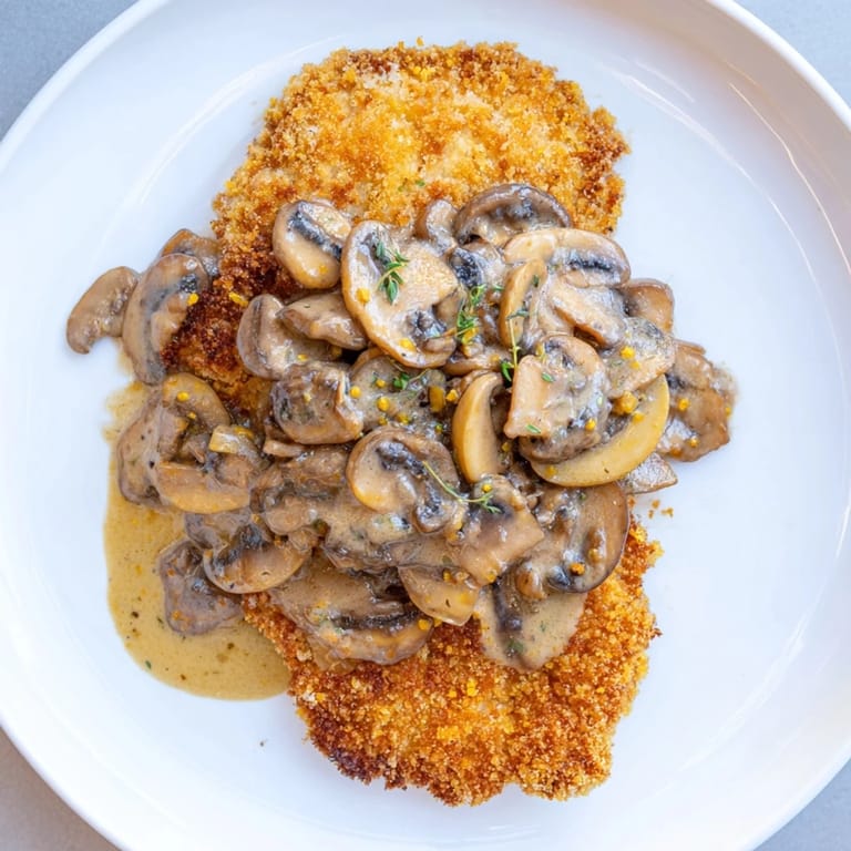 Golden-brown Jaeger Schnitzel with creamy mushroom gravy, perfect for a hearty dinner.