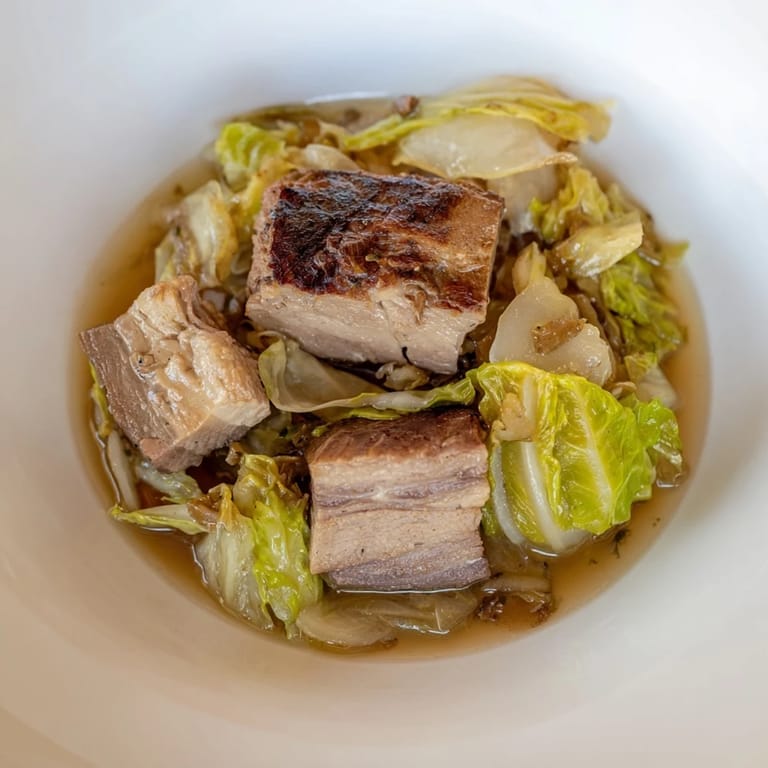 Sizzling close-up of Sweet Cabbage and Pork Stew, ready to serve with crusty bread.
