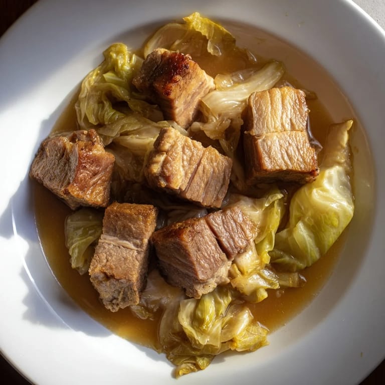 Simmering pot of Sweet Cabbage and Pork Stew, promising a flavorful, gluten-free meal.