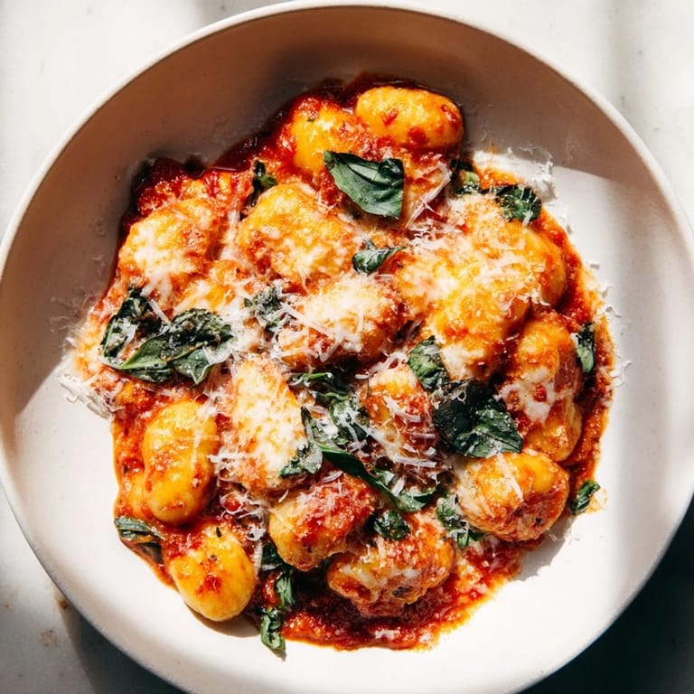Freshly baked potato gnocchi with bubbly mozzarella and vibrant tomato sauce, a hearty meal.