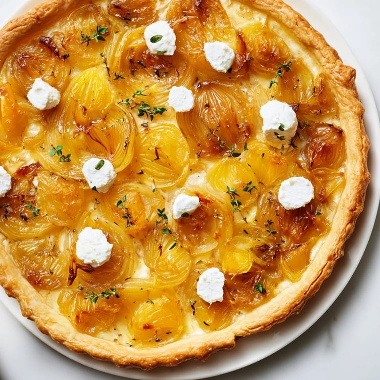 A close-up shot of the savory Tarte Fine, featuring caramelized onions and fresh thyme, ready to serve.