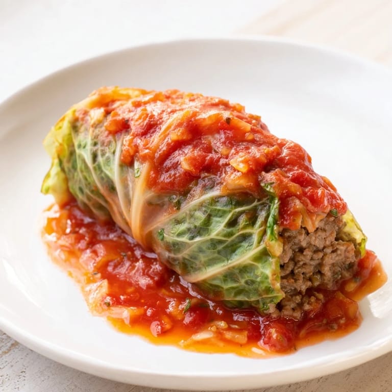 A close-up of golden brown Easy Cabbage Rolls simmering gently in a rich tomato sauce. 