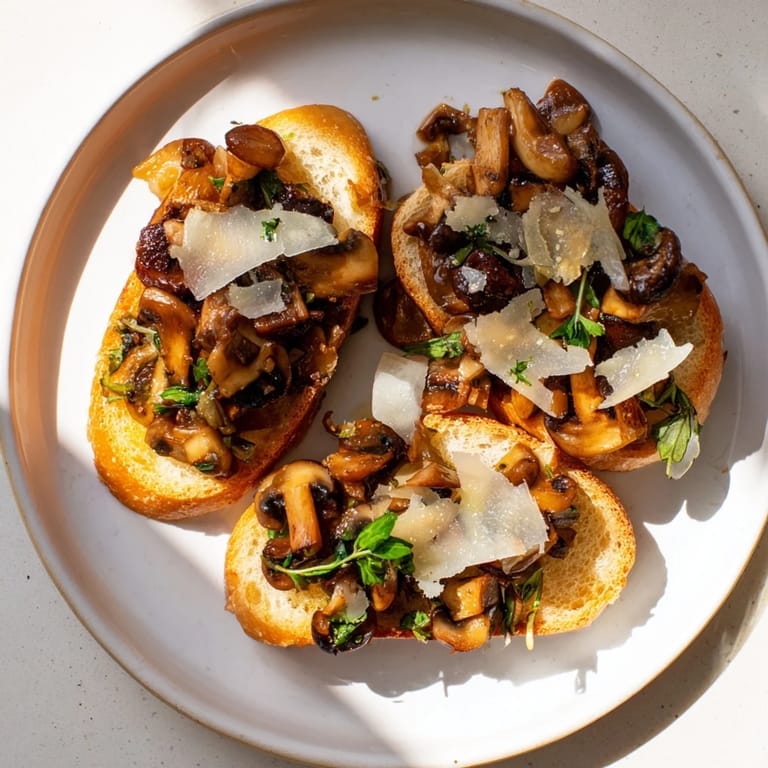 Freshly made bruschetta with roasted bread, mushrooms, and herbs, a delightful Italian starter.