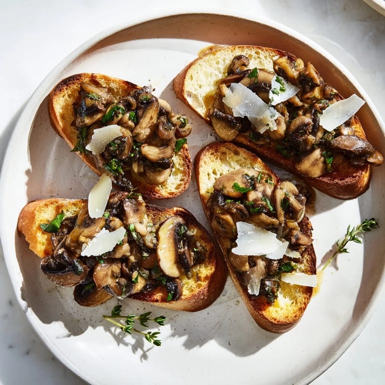 Warm, flavorful mushroom bruschetta featuring toasted bread and garlic, perfect for a gathering.