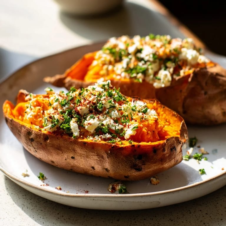 Enjoy a close-up photo of a healthy baked sweet potato recipe featuring cottage cheese and fresh herbs.