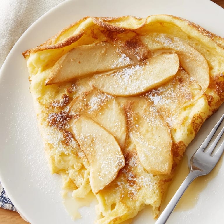 Beautiful, fluffy German apple pancakes, featuring caramelized apple slices, ready to be enjoyed warm.