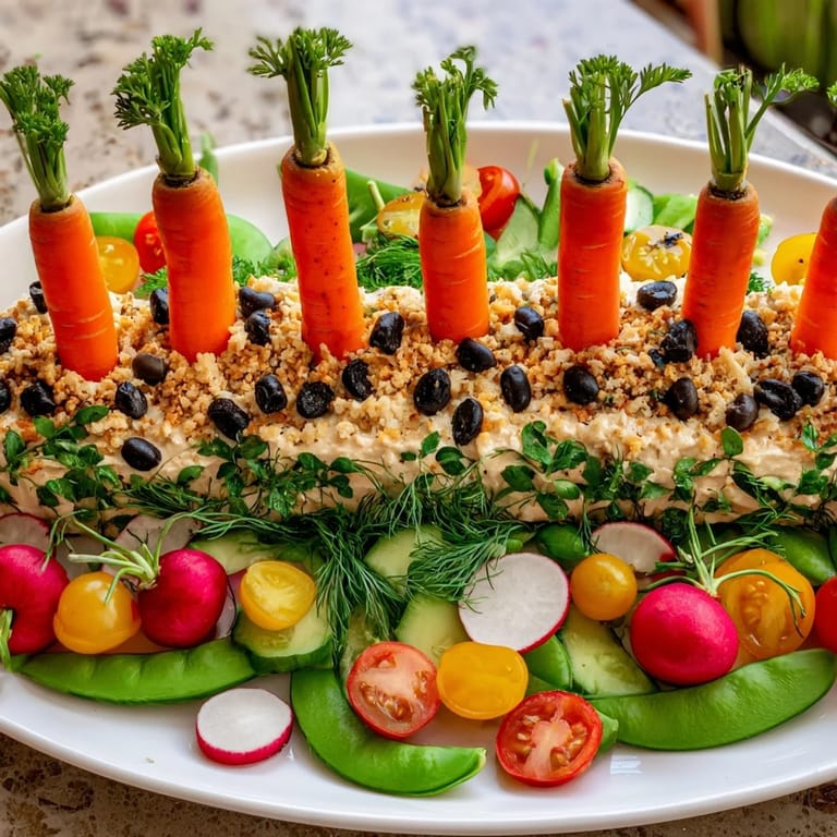 This colorful Carrot Patch Veggie Board features a delightful hummus "soil" and fresh, crisp veggies.