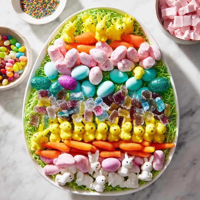 Close-up of a delightful Egg-Shaped Candy Platter featuring an assortment of sweet treats.