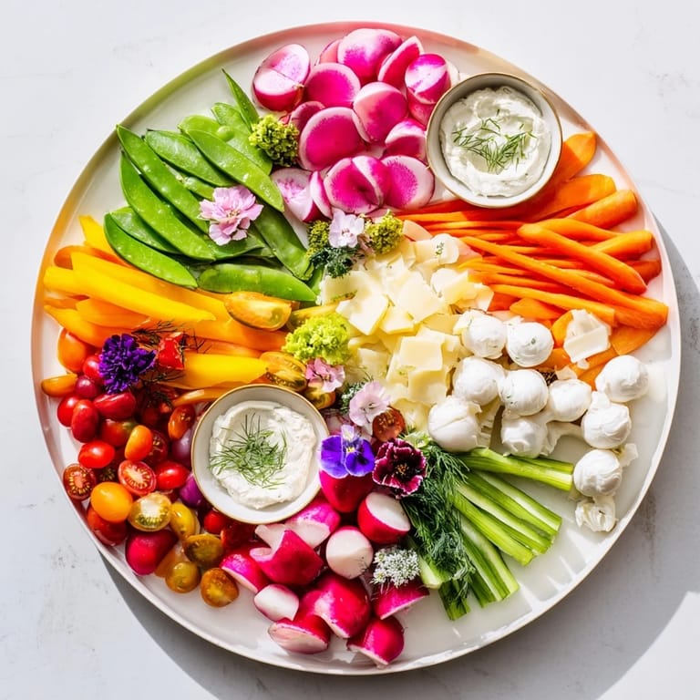 Vibrant Spring Wreath Appetizer Platter showcases a lovely arrangement of cheeses, meats, and colorful seasonal fresh vegetables.