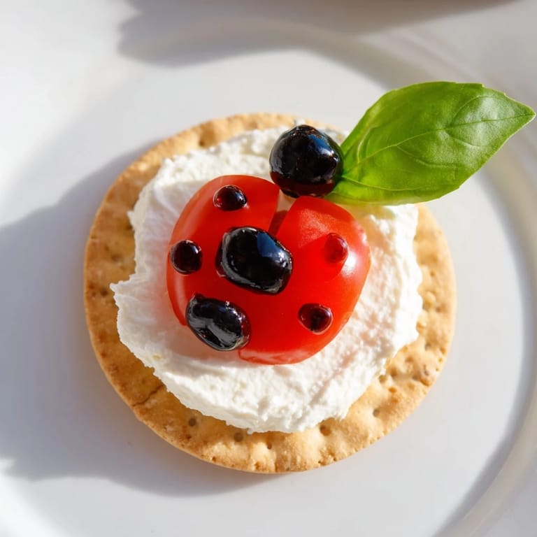 "Enjoy delightful Ladybug Love Picnic Finger Foods! Creamy crackers topped with tomato ladybugs, ready to eat."