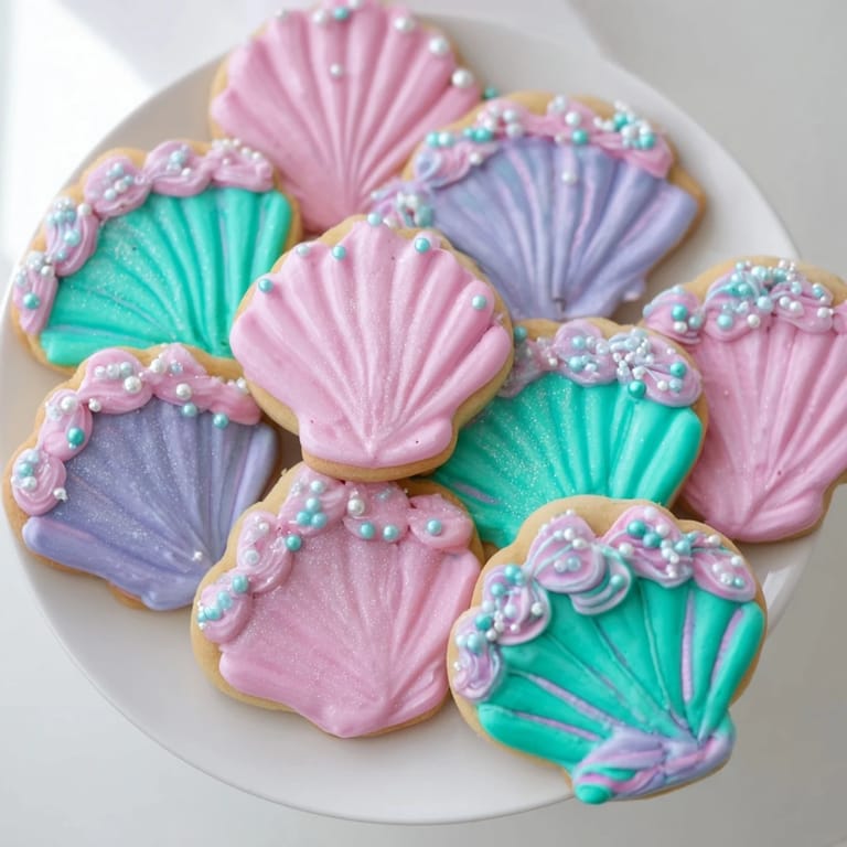 Freshly baked Seashell Sweets, detailed with pastel icing and pearl sprinkles, promising a sweet, delightful treat.