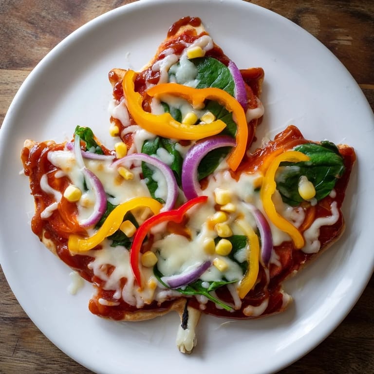 Close-up of baked Fall Foliage Maple Leaf Mini Pizzas, showcasing colorful toppings and crispy edges.