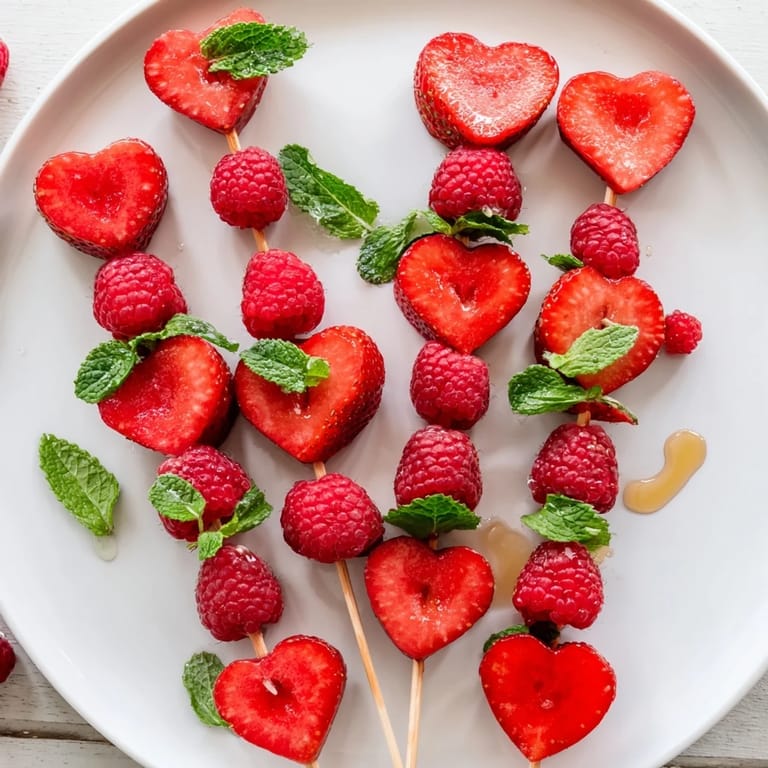 Close-up of heart-shaped strawberries, watermelon, and raspberries on skewers, a colorful fruit skewer recipe.