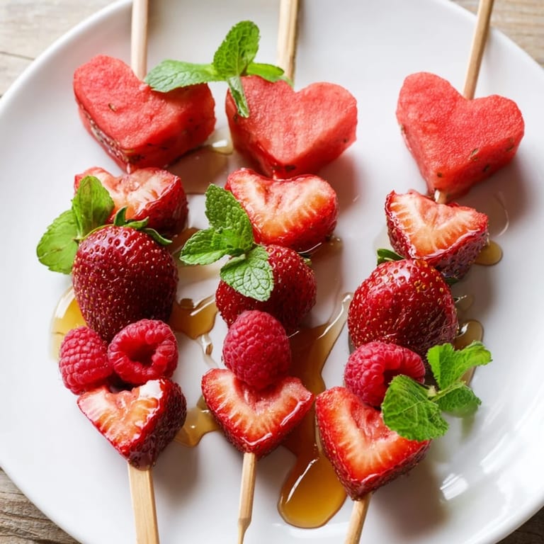 Delicious red heart fruit skewers, a healthy dessert option perfect for parties or a romantic date night.