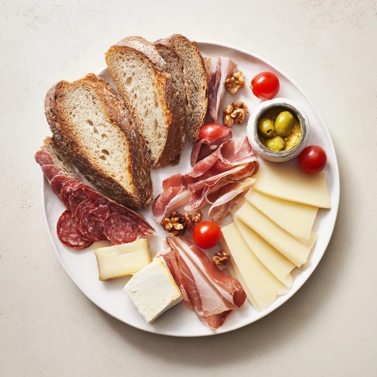 A visually appealing Plancha Montagne Aventure collation with rustic bread, ideal for sharing with friends.