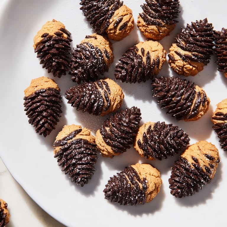 Close-up of freshly baked pinecone shaped peanut butter cookies, perfect for a festive occasion.