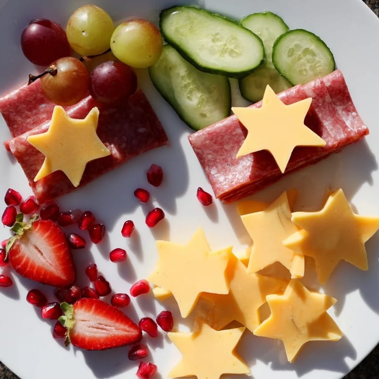A beautifully arranged Happy New Year 2026 Star Board displaying colorful appetizers, perfect for a celebration.
