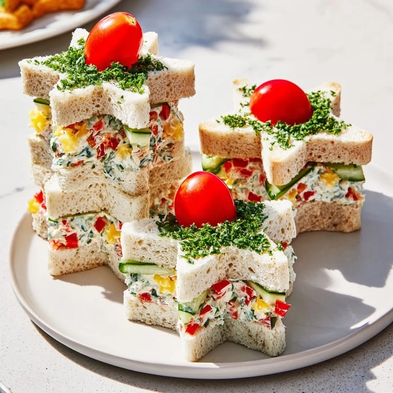 Colorful Stacked Star Christmas Tree Sandwiches, layered with cream cheese and fresh veggies, ready to serve.