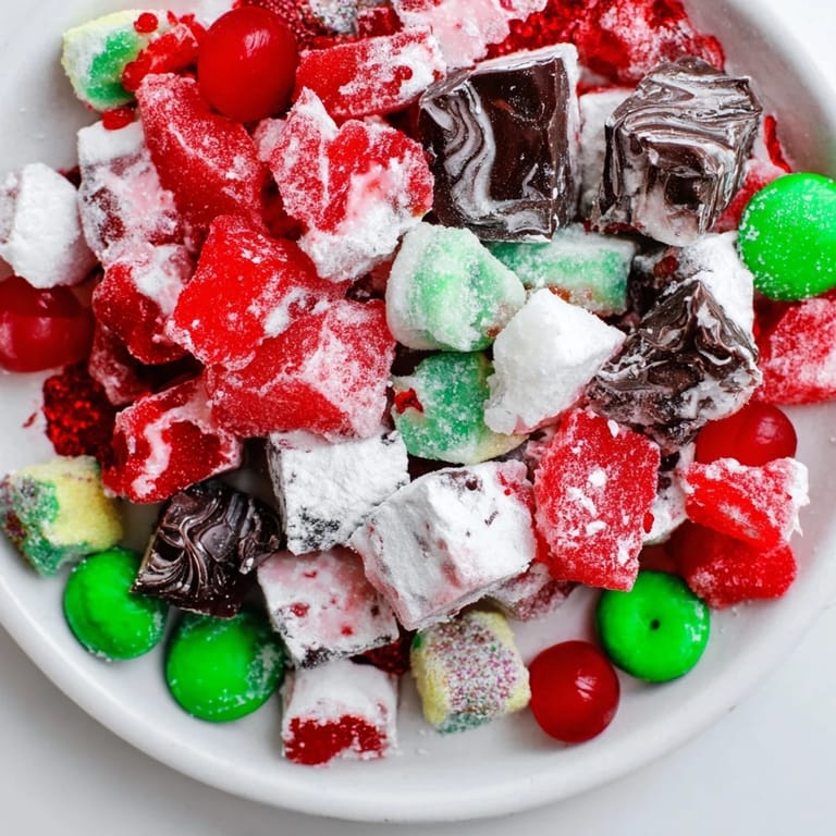 A dazzling close-up showcases a holiday-ready Jingle Bell Rock Candy Display with colorful candy shards.