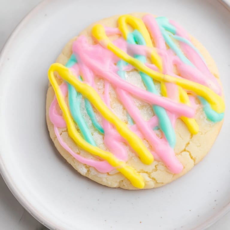 Freshly baked sugar cookies, beautifully drizzled with vanilla icing, ready to eat.