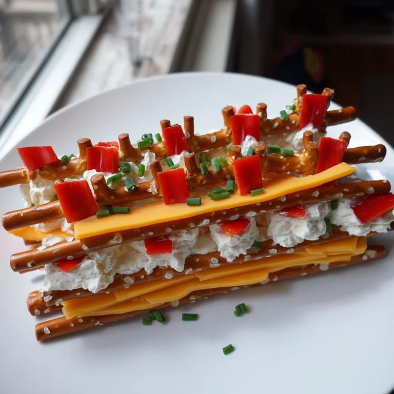 The Log Cabin appetizer: a visually striking, layered creation with cheese and pretzel "logs."