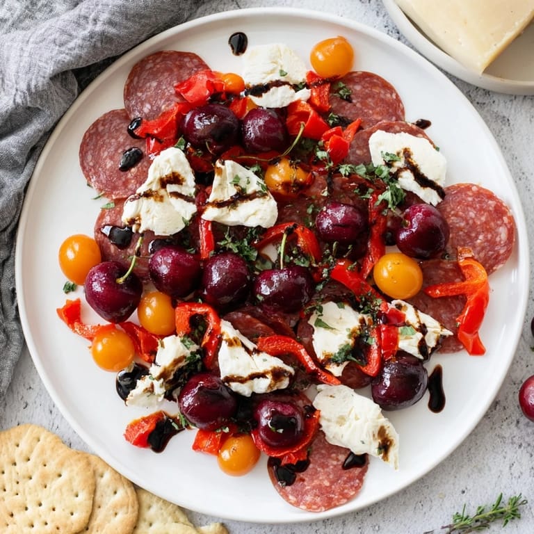 "The Crimson Tide" appetizer: colorful chorizo, cherry, and roasted pepper display ready to serve.