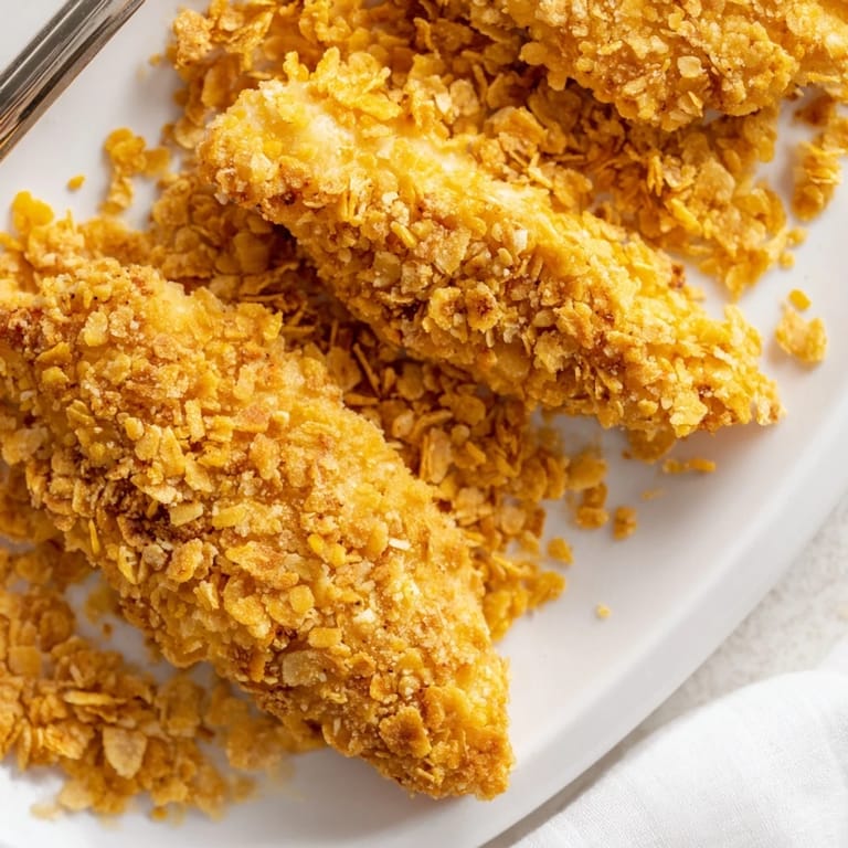 Golden, crispy onion chip chicken tenders fresh from the oven, ready to serve with a dipping sauce.