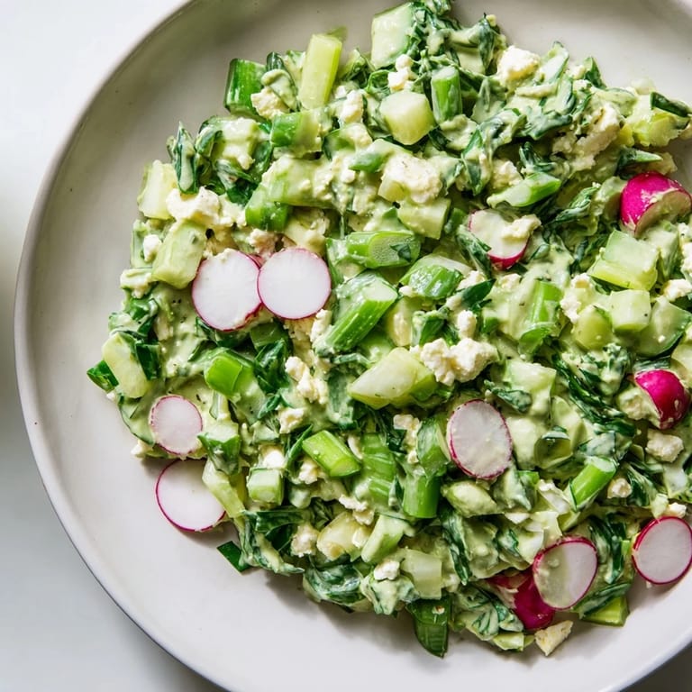 Close-up of Green Goddess Cabbage Dip, showcasing fresh chopped vegetables coated in creamy dressing.