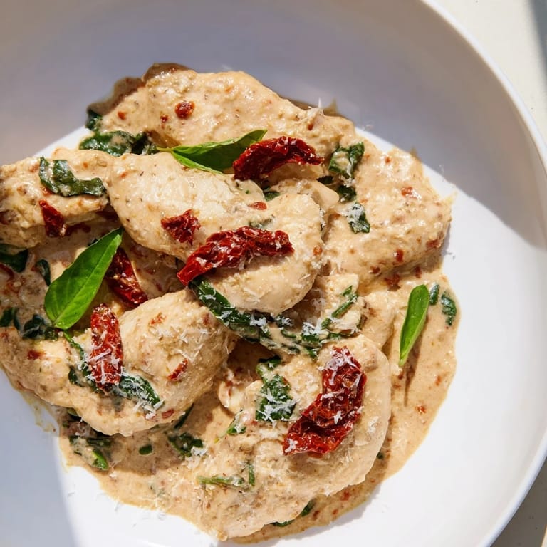 This Creamy Sun-Dried Tomato Chicken Skillet displays a close-up of tender chicken, perfectly coated in vibrant sauce.